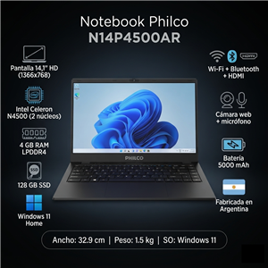 Notebook Philco N14P4500AR 14.1'' 128Gb Ssd 4Gb Intel Celeron N4500 Win 11